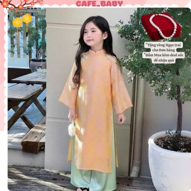 Tặng bờm vòng ngọc - Bộ áo dài Thanh Liễu bé gái, lụa gấm thọ ánh kim, 168k