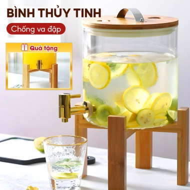 Tặng Kệ Gỗ - Bình Thủy Tinh 5-11L Vòi Inox 304 Chống Tắc Nắp Tre Silicone 618.027đ