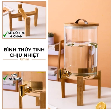 Tặng Kệ Gỗ - Bình Thủy Tinh 5-11L Vòi Inox 304 Chống Tắc Nắp Tre Silicone 618.027đ