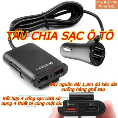 Tẩu Chia Sạc Ô Tô 4 Cổng USB QC3.0 - Dây Dài 1.8m, Sạc Nhanh, Giá Ưu Đãi 110k