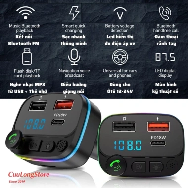 Tẩu Sạc Bluetooth Ô tô 5.0 FM USB MP3, 20W, Đo Điện Áp 12V/24V - 179.000₫