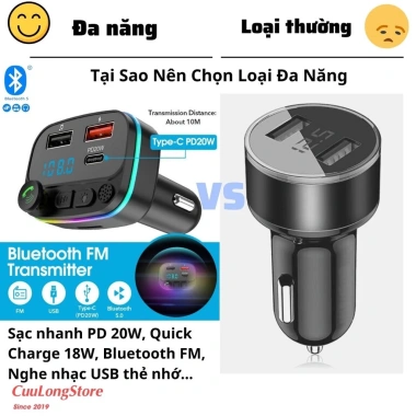Tẩu Sạc Bluetooth Ô tô 5.0 FM USB MP3, 20W, Đo Điện Áp 12V/24V - 179.000₫
