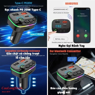 Tẩu Sạc Bluetooth Ô tô 5.0 FM USB MP3, 20W, Đo Điện Áp 12V/24V - 179.000₫