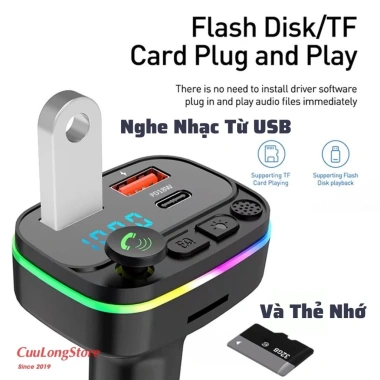 Tẩu Sạc Bluetooth Ô tô 5.0 FM USB MP3, 20W, Đo Điện Áp 12V/24V - 179.000₫
