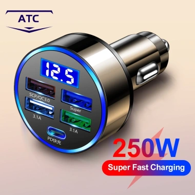 Tẩu Sạc Nhanh 12V/24V PD QC3.0 USB-C 5 Cổng 250W Đèn LED - Giá chỉ 41.799 VND