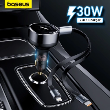 Tẩu Sạc Nhanh 30W Baseus Enjoyment 2 trong 1, Cáp Dây Rút Type C + L, 379.850₫ 2