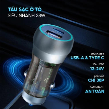 Tẩu Sạc Nhanh 38W Ô Tô 2 Cổng USB và Type‑C, Chống Cháy Nổ, Kiểm Soát Quá Tải - Giá Ưu Đãi 79.000₫