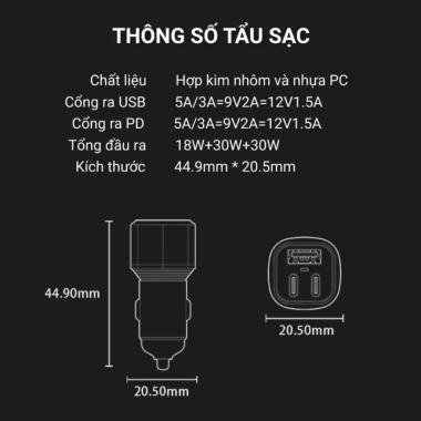 Tẩu Sạc Nhanh 60W Ô Tô Mini Đa Năng 2 Cổng Type C và 1 Cổng USB Giá 144k