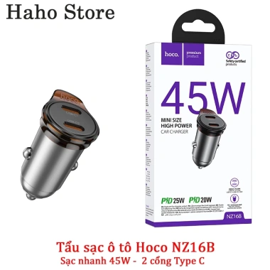 Tẩu sạc nhanh Hoco NZ16B 45W 2 cổng Type-C, thiết kế nhỏ gọn, giá ưu đãi 149.000₫