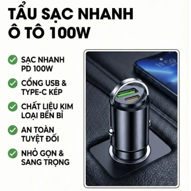 Tẩu sạc nhanh ô tô 100W 2 cổng USB Type C, siêu nhỏ, giá ưu đãi 92.500₫ PNCar