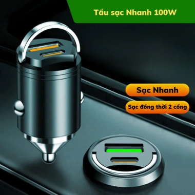 Tẩu sạc nhanh ô tô 100W 2 cổng USB & Type‑C, cắm tẩu âm nguồn, hàng chính hãng
