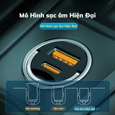 Tẩu sạc nhanh ô tô 100W 2 cổng USB & Type‑C, cắm tẩu âm nguồn, hàng chính hãng