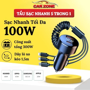 Tẩu Sạc Nhanh Ô Tô 100W 5 Trong 1 – Dây Lò Xo 3 Đầu Tiện Dụng, Sạc Nhanh An Toàn