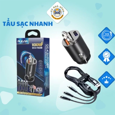 Tẩu sạc nhanh ô tô 100W kèm dây 3 đầu ra, cáp bọc dù, giá ưu đãi 232.000 VND