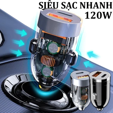 Tẩu sạc nhanh ô tô 120W - Chip thông minh, USB/Type-C kép, tự ngắt an toàn, phù hợp mọi xe