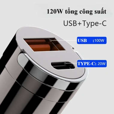 Tẩu sạc nhanh ô tô 120W USB+Type‑C, chip thông minh, phù hợp mọi xe