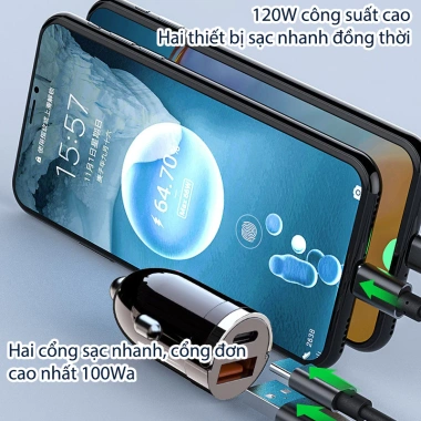 Tẩu sạc nhanh ô tô 120W USB+Type‑C, chip thông minh, phù hợp mọi xe