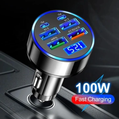 Tẩu Sạc Nhanh Ô tô 12V-24V 100W QC3.0 6 Cổng USB PD LED Sạc Siêu Nhanh cho Điện Thoại