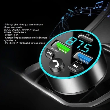 Tẩu sạc nhanh ô tô 12V-24V, tẩu nghe nhạc Bluetooth 5.0 - Giá 109.000đ, âm thanh chất lượng