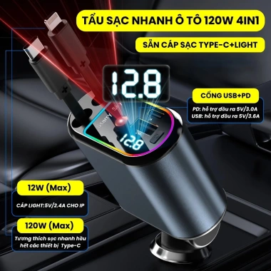 Tẩu Sạc Nhanh Ô tô 4in1 120W Starry Sky Type-C/Lightning có Đèn Chiếu Sáng - Giá 164.700₫