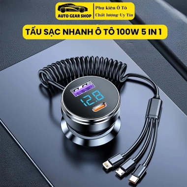 Tẩu sạc nhanh ô tô 5in1 100W Type-C + USB - Dây 3 đầu sạc đồng thời 5 thiết bị