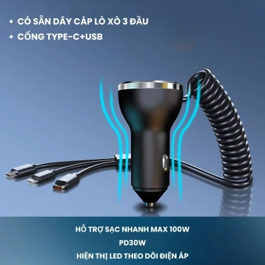 Tẩu sạc nhanh ô tô 5in1 100W Type-C + USB - Dây 3 đầu sạc đồng thời 5 thiết bị