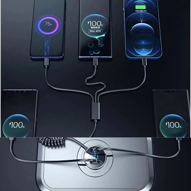 Tẩu sạc nhanh ô tô 5in1 100W Type-C + USB - Dây 3 đầu sạc đồng thời 5 thiết bị