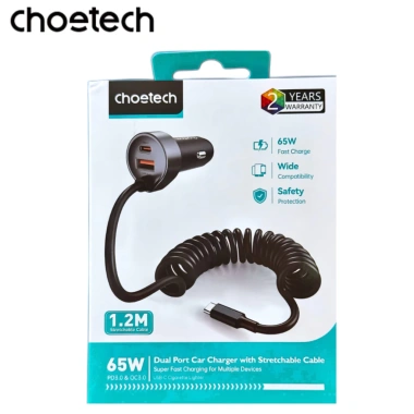 Tẩu sạc nhanh ô tô 65W Choetech TC30 dây cáp lò xo Type-C giảm còn 299.000₫