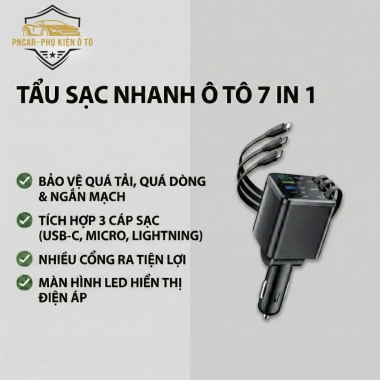 Tẩu Sạc Nhanh Ô Tô 7 in 1 120W PD3.0 – 7 Cổng USB Type-C & Lightning PNCar
