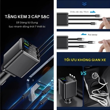 Tẩu Sạc Nhanh Ô Tô 7 in 1, 7 Cổng USB Type-C & Lightning, 120W PD3.0, Hàng Cao Cấp, Giá 107k 6