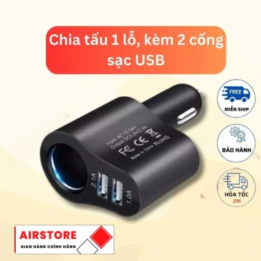 Tẩu Sạc Nhanh Ô Tô Chính Hãng: 2 USB + 1 Tẩu Tròn, Giá 45.000₫