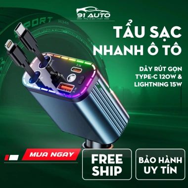 Tẩu sạc nhanh ô tô dây rút Type‑C 120W + Lightning 15W, USB & đèn chiếu trần – Giá 250.000₫