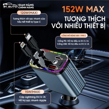 Tẩu sạc nhanh ô tô dây rút Type‑C 120W + Lightning 15W, USB & đèn chiếu trần – Giá 250.000₫