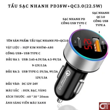 Tẩu sạc nhanh ô tô QC3 PD 2 cổng USB Type C - Auto247, giảm còn 35.000₫