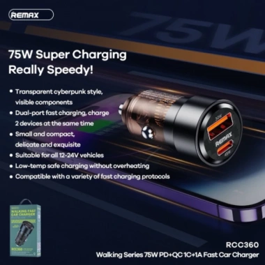 Tẩu sạc nhanh ô tô REMAX RCC360 75W 2 cổng USB/Type‑C đèn báo sạc 2 thiết bị