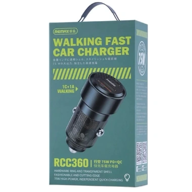 Tẩu sạc nhanh ô tô REMAX RCC360 75W 2 cổng USB/Type‑C đèn báo sạc 2 thiết bị