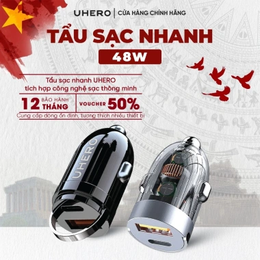 Tẩu sạc nhanh ô tô UHERO 48W - 2 cổng USB Type-C, chip TSN, giảm giá 176.250 VND