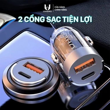 Tẩu sạc nhanh ô tô UHERO 48W - 2 cổng USB Type-C, chip TSN, giảm giá 176.250 VND