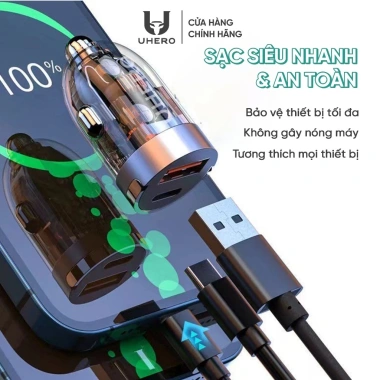 Tẩu sạc nhanh ô tô UHERO 48W - 2 cổng USB Type-C, chip TSN, giảm giá 176.250 VND