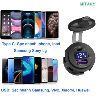 Tẩu sạc nhanh ô tô xe máy 2 cổng USB Type C chống nước, chống bụi, hiển thị điện áp - SL010, sạc mọi điện thoại nhanh 2