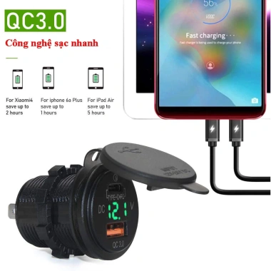 Tẩu sạc nhanh ô tô xe máy 2 cổng USB Type C chống nước, chống bụi, hiển thị điện áp - SL010, sạc mọi điện thoại nhanh 4