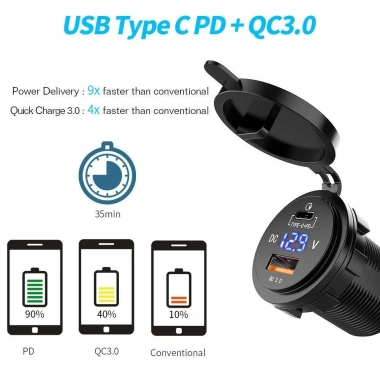 Tẩu sạc nhanh ô tô xe máy 2 cổng USB Type C chống nước, chống bụi, hiển thị điện áp - SL010, sạc mọi điện thoại nhanh 5