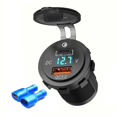 Tẩu sạc nhanh ô tô xe máy 2 cổng USB Type C chống nước, chống bụi, hiển thị điện áp - SL010, sạc mọi điện thoại nhanh 9