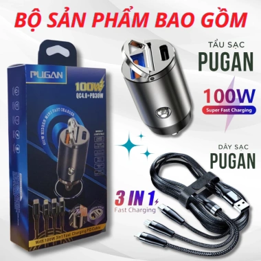Tẩu sạc nhanh PUGAN 100W QC 4.0 cho ô tô - 2 cổng USB và Type-C, sạc siêu nhanh 125k