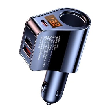 Tẩu Sạc Ô Tô 2 USB + Type‑C PD 18W, Chia 2 Lỗ Thuốc, Màn Hình Điện Áp, QC3.0 Bicar