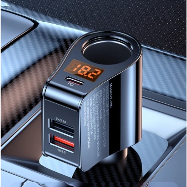 Tẩu Sạc Ô Tô 2 USB + Type‑C PD 18W, Chia 2 Lỗ Thuốc, Màn Hình Điện Áp, QC3.0 Bicar