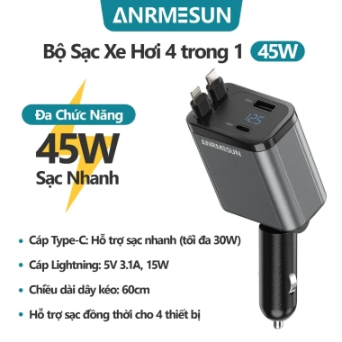 Tẩu sạc ô tô 4 trong 1 ANRMESUN 45W – Sạc nhanh USB-C 12-24V, màn hình hiển thị, giá ưu đãi