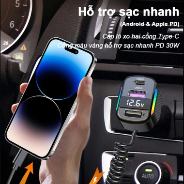 Tẩu Sạc Ô Tô 65W Cáp Lò Xo - Sạc Nhanh Đa Năng, Đèn LED, Tương Thích Điện Thoại & Máy Tính Bảng, Giá 175k 4