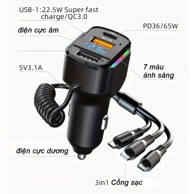 Tẩu Sạc Ô Tô 65W Cáp Lò Xo - Sạc Nhanh Đa Năng, Đèn LED, Tương Thích Điện Thoại & Máy Tính Bảng, Giá 175k 10