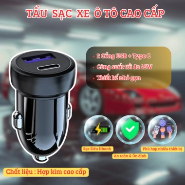 Tẩu sạc ô tô cao cấp USB + Type-C nhanh 25W-200W - An toàn, giảm còn 85.000 VND
